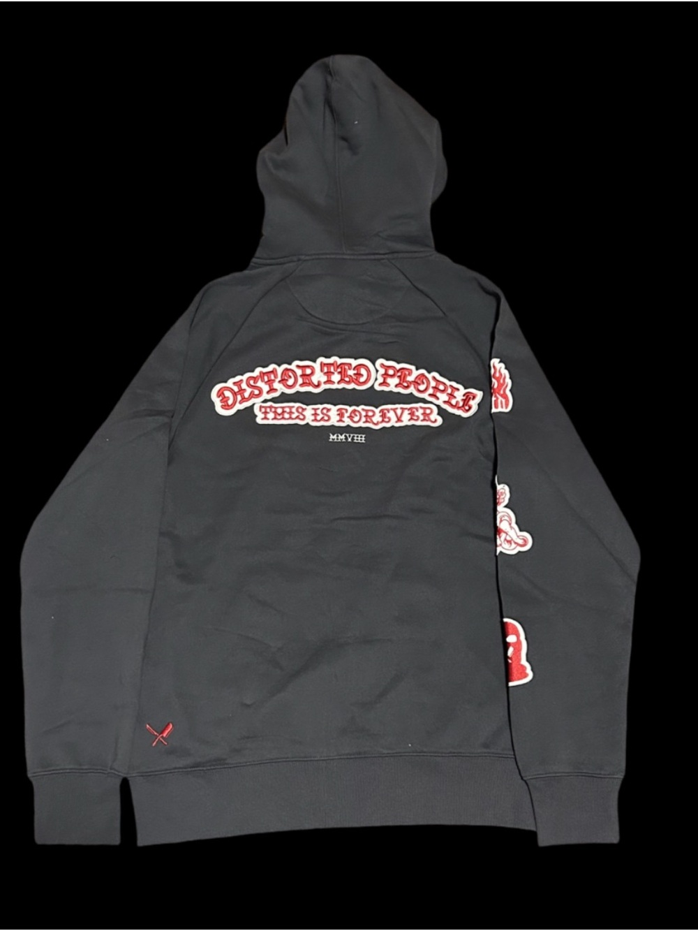 Distorted People Tattoo PatchMen's Black Graphic Hoodie Sweatshirt - Red Accents - Picture 2 of 3
